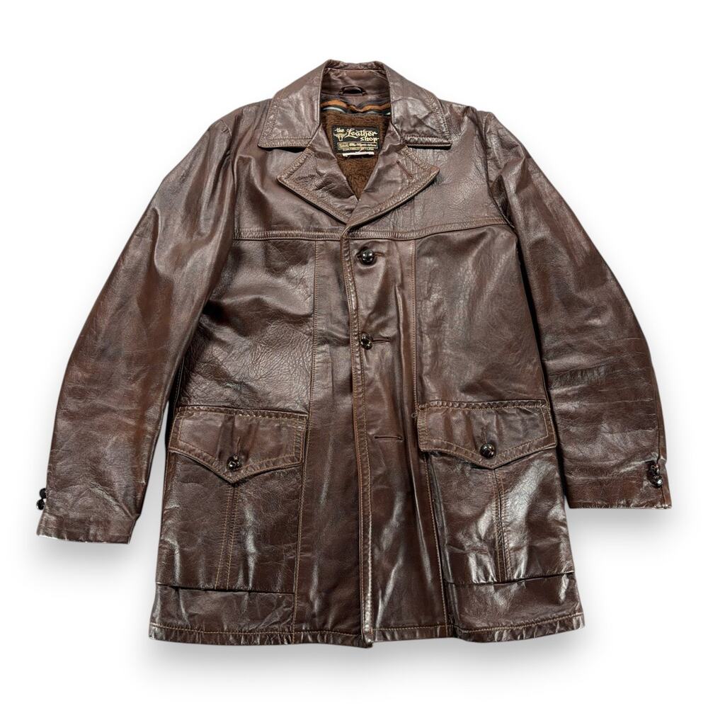 Vintage Sears Coat Adult MEDIUM Brown Leather Shop Car Coat Faux Fur USA 70s